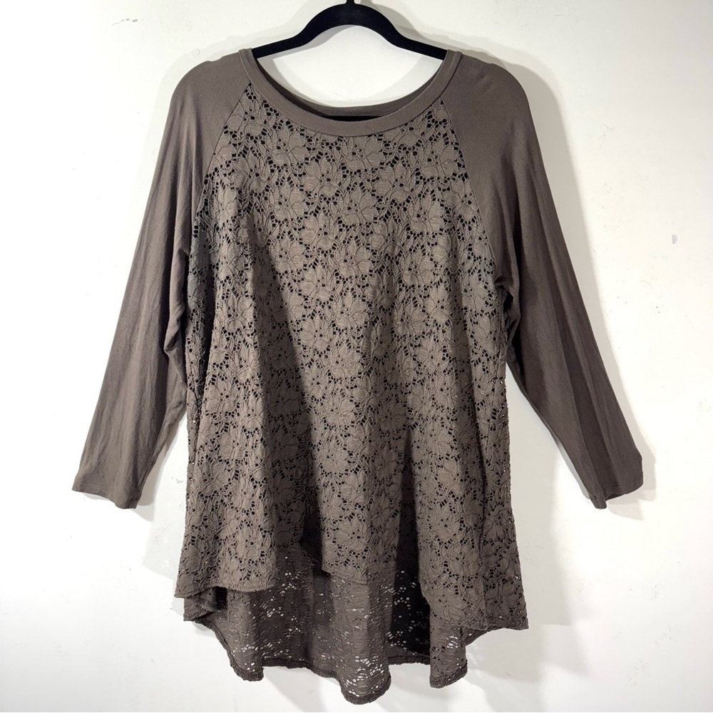 Comfy USA Lace Hi low Baseball Tee Tunic gray brown